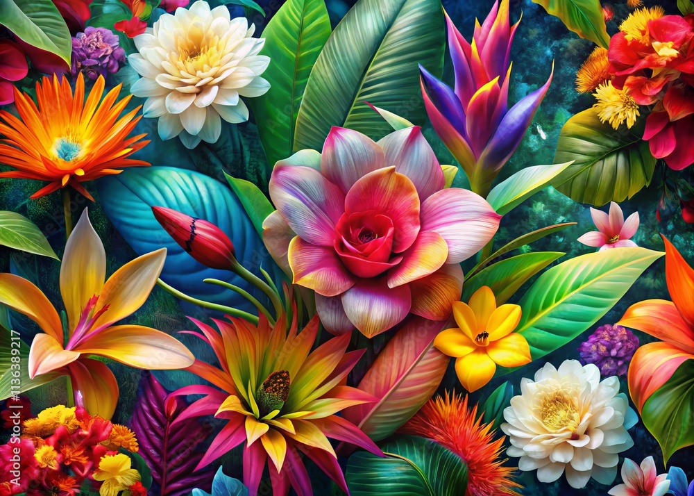 Vibrant Double Exposure Photography Featuring Exotic Tropical Flowers in a Colorful Botanical   Pattern for Nature Enthusiasts and Designers