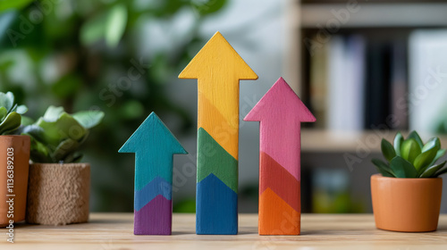 Three colorful upward arrows stand on a wooden table, symbolizing growth, success, and positive momentum