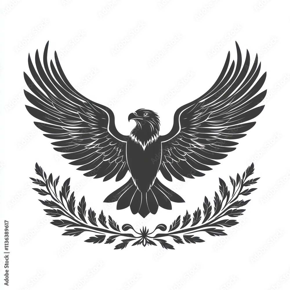 Obraz premium Majestic eagle with wings spread wide, surrounded by a laurel wreath.