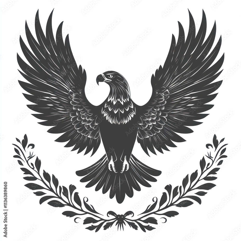 Obraz premium Majestic eagle with wings spread, perched atop a laurel wreath.