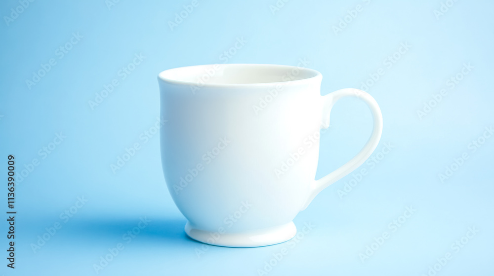 Simple white ceramic mug standing on soft pastel blue background Simple white ceramic mug standing on soft pastel blue background