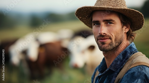 farmer on the background of cows. The concept of a dairy farm. eco milk