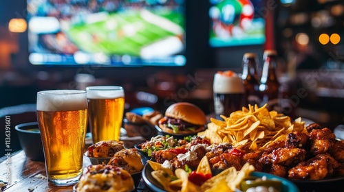 Sports bar food and drink, burgers wings nachos beer on table, watching sports game on TV