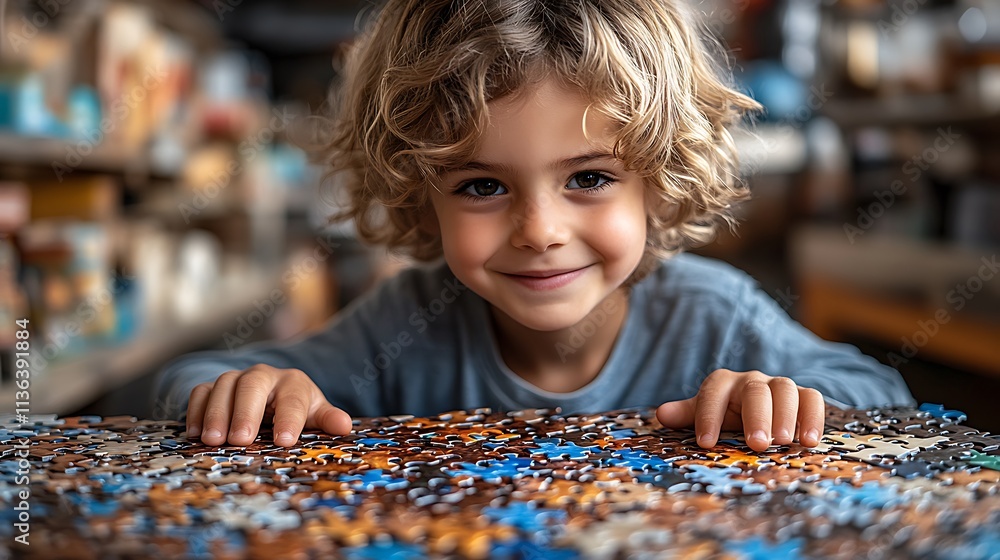 Young Boy Smiles While Working On A Large Puzzle Young Boy Smiles While Working On A Large Puzzle