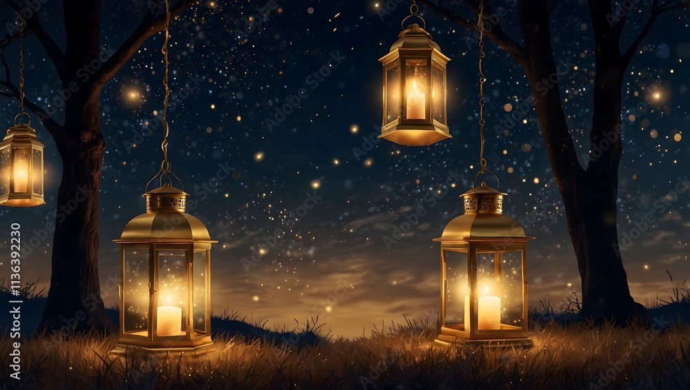 A dark night scene with trees and lanterns hanging from branches. Soft, warm light from the lanterns illuminates a starry sky.
A dark night scene with trees and lanterns hanging from branches. Soft, warm light from the lanterns illuminates a starry sky.