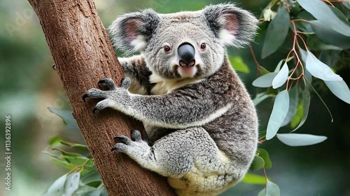 Adorable koala bear clinging to a eucalyptus tree. photo