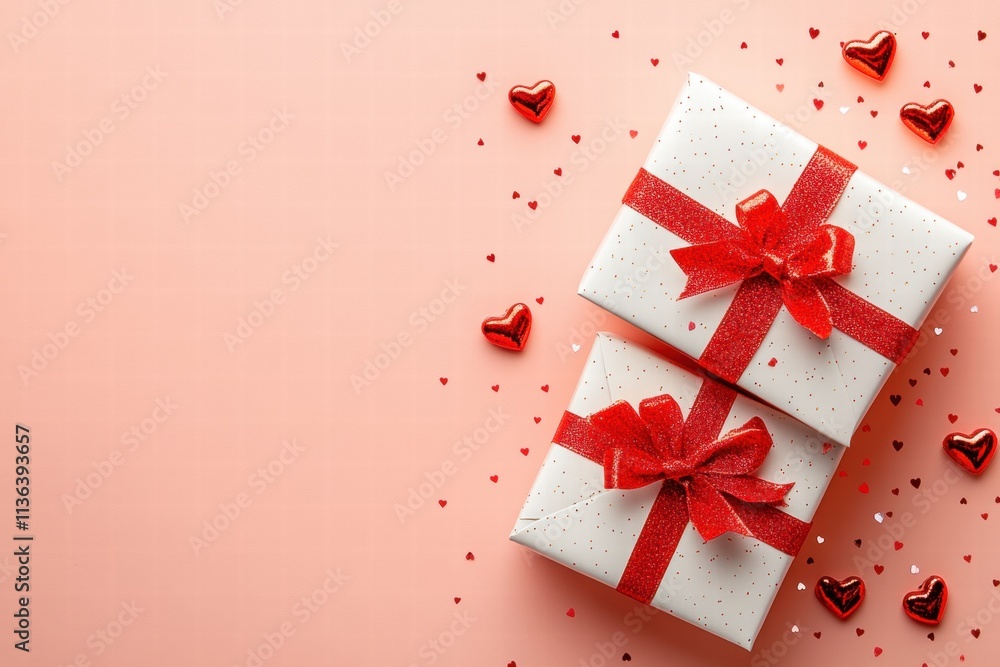 Romantic Gift Boxes with Red Hearts and Confetti Romantic Gift Boxes with Red Hearts and Confetti