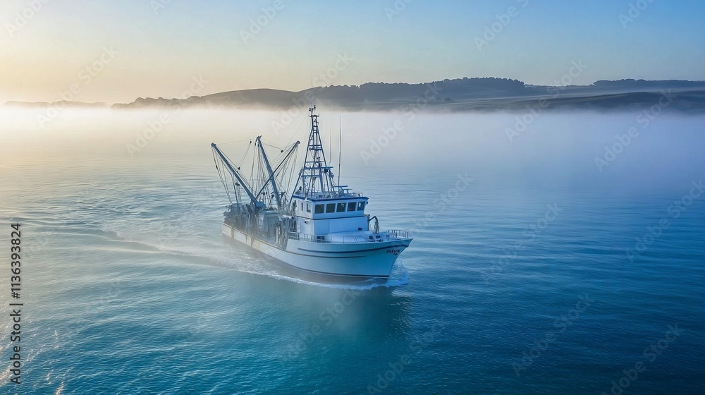 Obraz premium Fishing boat navigating through fog at sunrise over calm sea