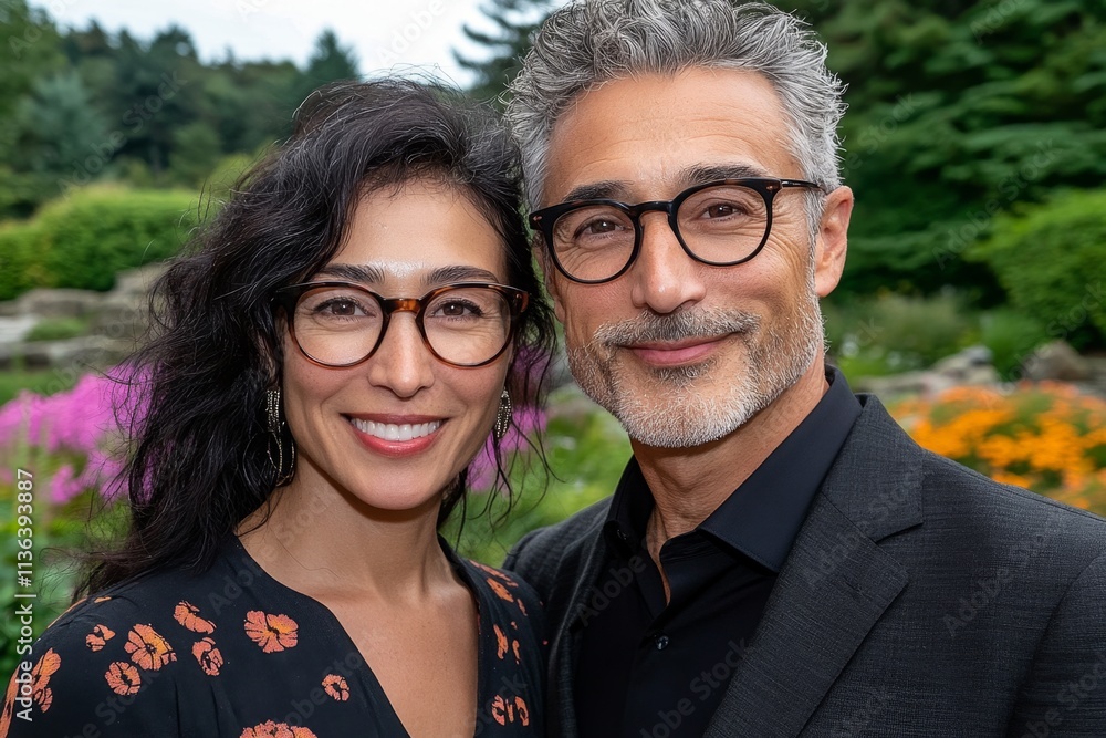 A couple wearing matching eyeglasses, smiling at the camera while enjoying a day out in a park A couple wearing matching eyeglasses, smiling at the camera while enjoying a day out in a park
