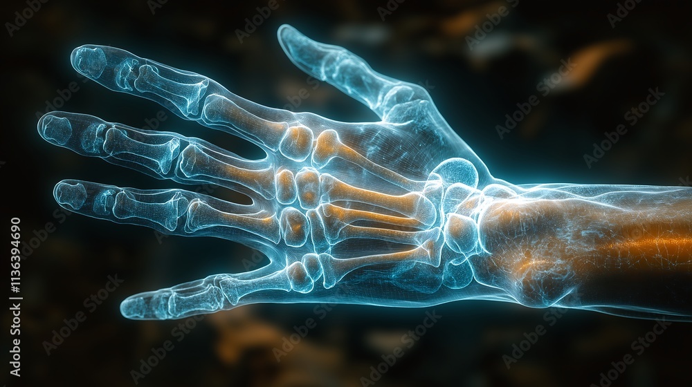 Man hand on blurred background using digital blue bones x-ray human body holographic scan projection Man hand on blurred background using digital blue bones x-ray human body holographic scan projection