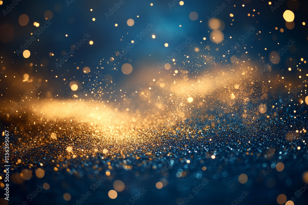 Obraz premium Radiant gold dust particles suspended in the air against a deep blue background, creating a luxurious atmosphere