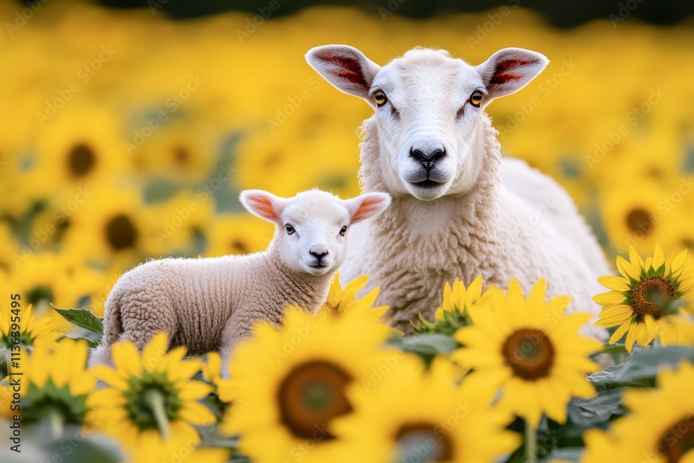 Fototapeta premium A ewe and her lamb exploring a patch of bright sunflowers in a rural farm field