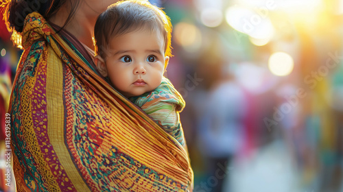 Mother carrying a baby in a sling with a thoughtful expression in a colorful market setting
