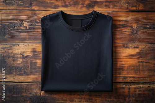 plain black folded t shirt for mockup photorealistic on wood table, top view 