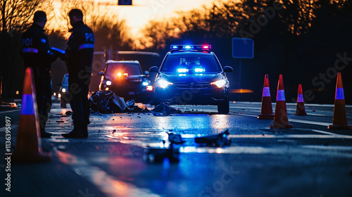 Car accident scene with police officers assessing at sunset surrounded by traffic cones