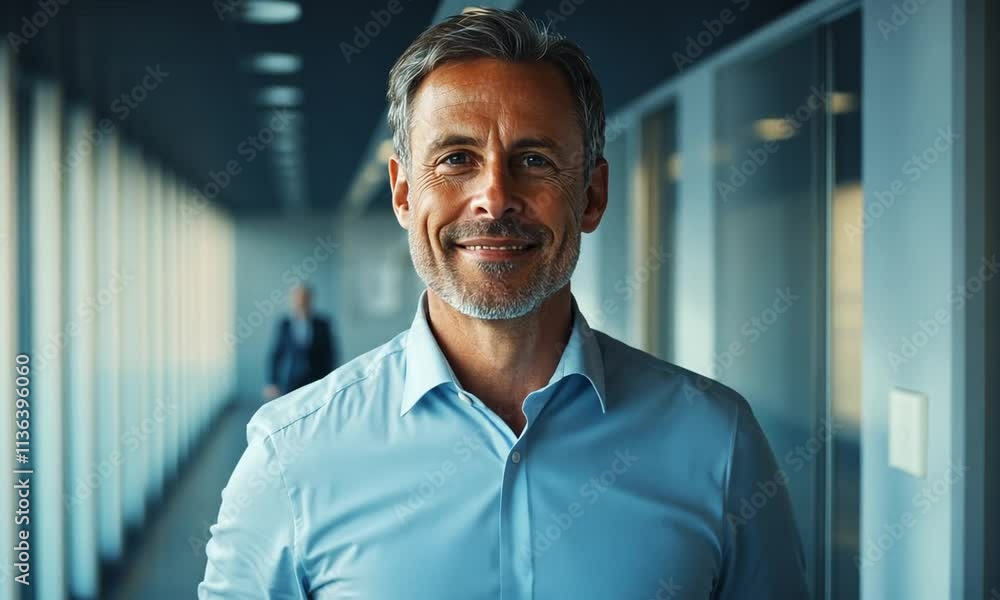 Man smiling in a modern corridor.