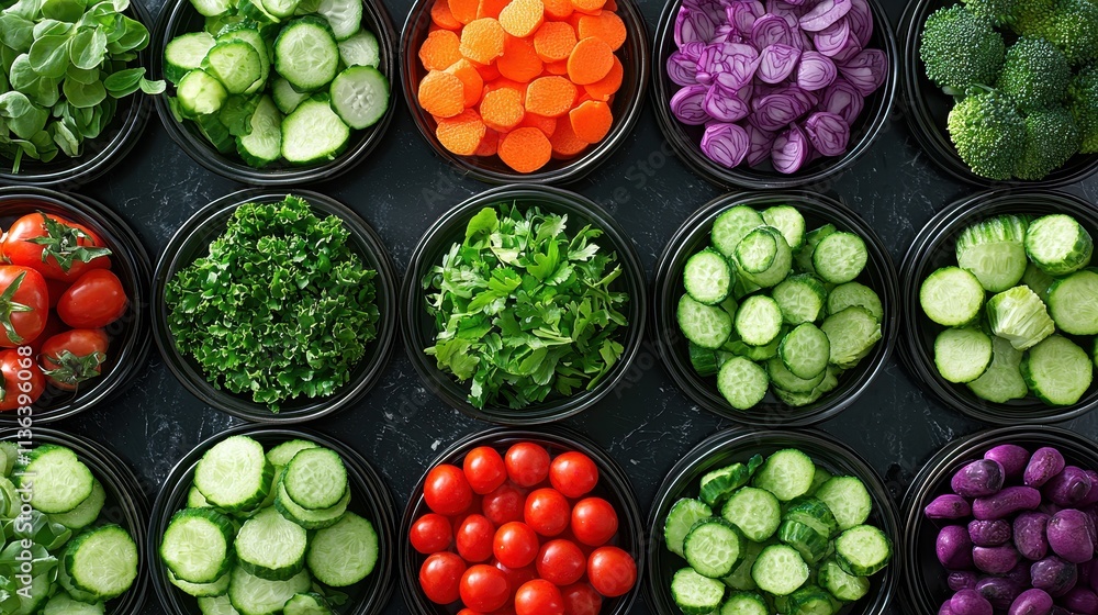 Fresh and Colorful Vegetables Displayed in Bowls on a Dark Marble Background Fresh and Colorful Vegetables Displayed in Bowls on a Dark Marble Background