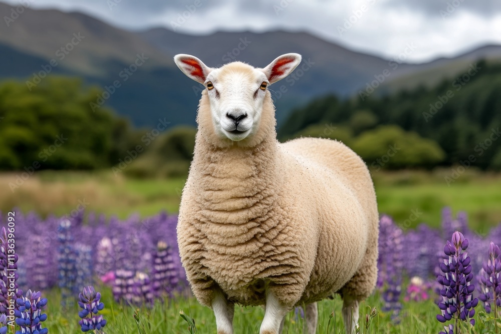 Fototapeta premium A ewe standing beside a patch of blooming lupines, with vibrant purples and blues contrasting her white wool