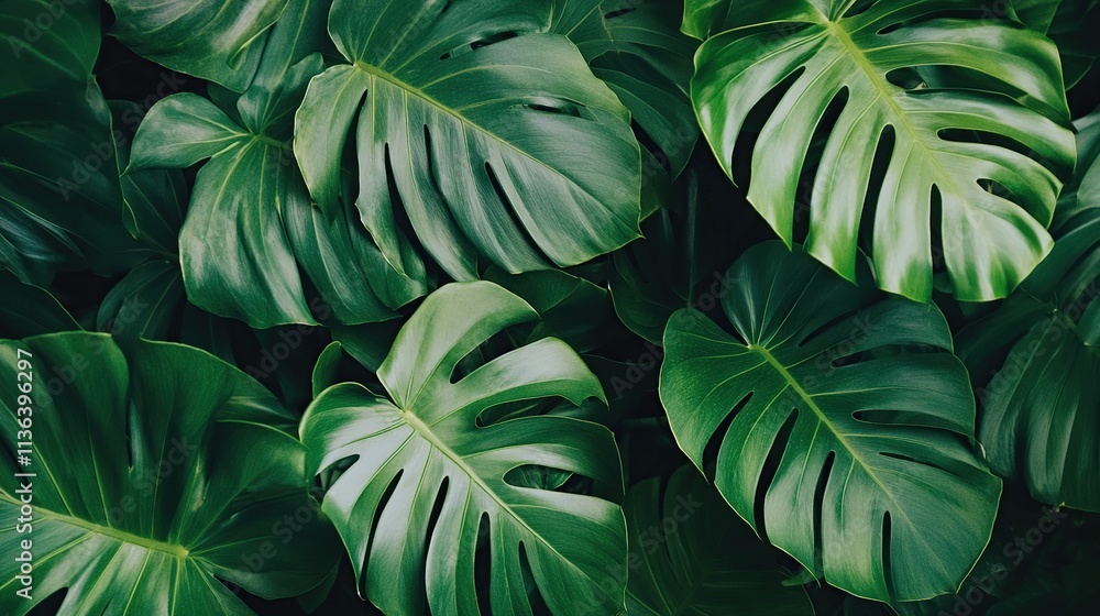 Lush green tropical monstera leaves background. Lush green tropical monstera leaves background.