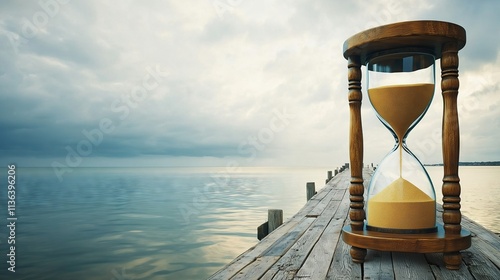 Hourglass measuring time on wooden pier by the sea photo