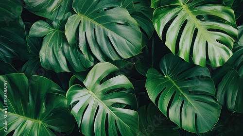 Lush green tropical monstera leaves background.