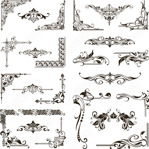 
Vintage design lace borders monogram logo and corners, dividers Vector set art deco floral ornaments elements