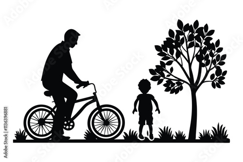 Father teaching child to ride a bike silhouette