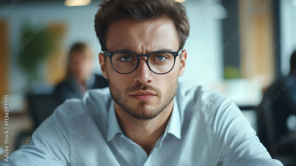 Focused businessman in glasses working on computer in modern office: a portrait Focused businessman in glasses working on computer in modern office: a portrait