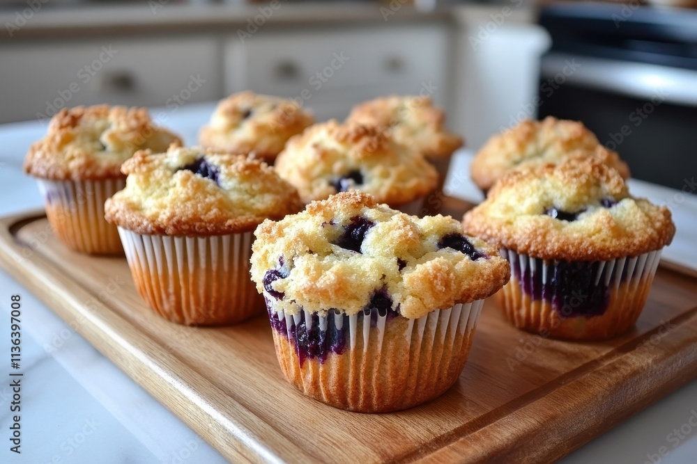 Freshly baked blueberry muffins arranged on a wooden tray. Freshly baked blueberry muffins arranged on a wooden tray.