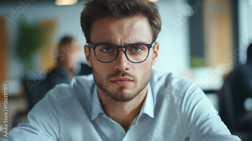 Focused businessman in glasses working on computer in modern office: a portrait