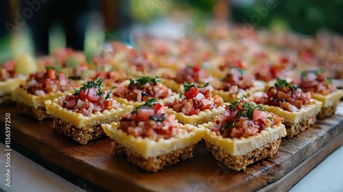 Gourmet Appetizers on Display with Fresh Ingredients and Colorful Toppings