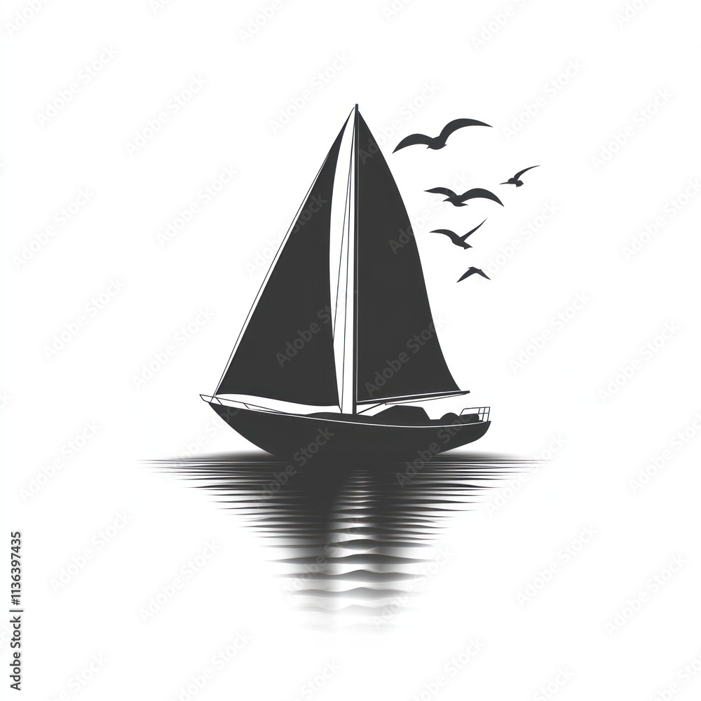 Silhouette of sailboat on calm water with birds. Silhouette of sailboat on calm water with birds.