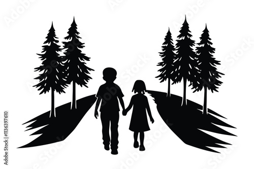 Siblings holding hands, walking down a forest trail