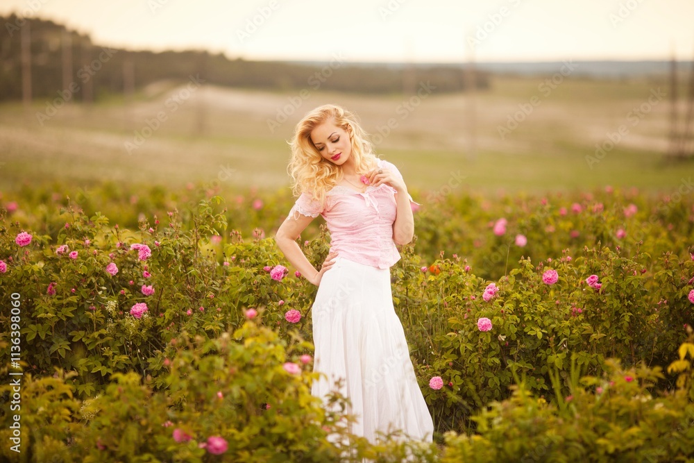 Spring Woman in Rose Field.