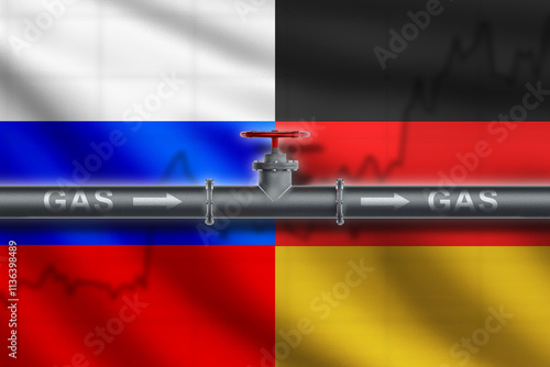 Gas supplies from Russia to Germany. Oil pipeline. Flags of Russia and Germany near pipe. Growth in energy exports in Germany. Purchasing gas from Russia. Gas import pipe. 3d image. photo