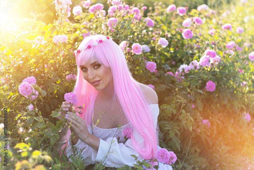 Beautiful woman in a floral park, garden roses. Makeup, hair, a wreath of roses.