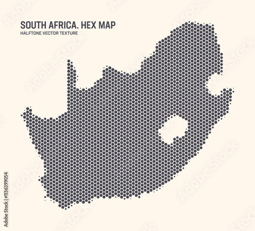 South Africa Map Vector Hexagonal Halftone Pattern Isolate On Light Background. Hex Texture in the Form of Map of South Africa. Modern Technologic Military Contour Map for Design or Business Projects