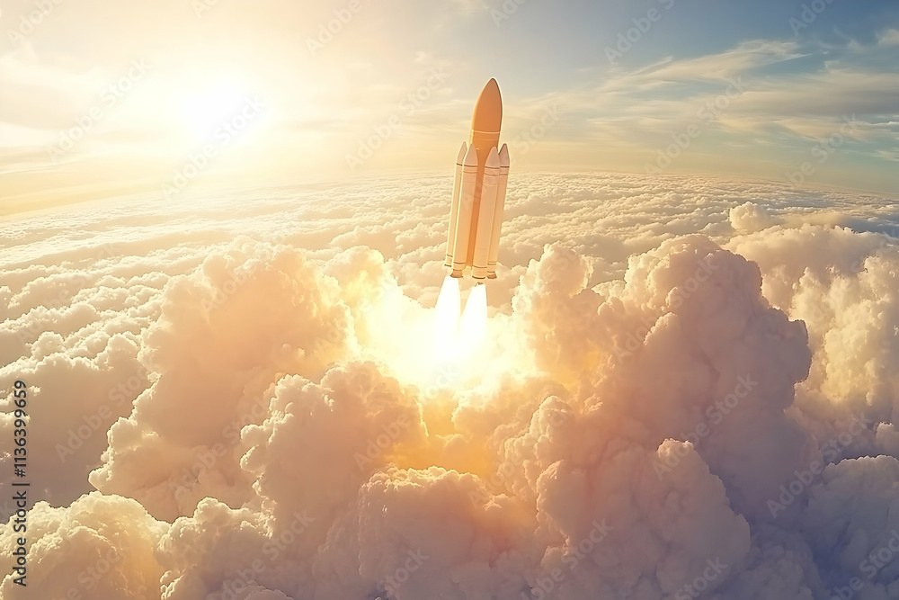 Naklejka premium Rocket launching through clouds at sunrise.