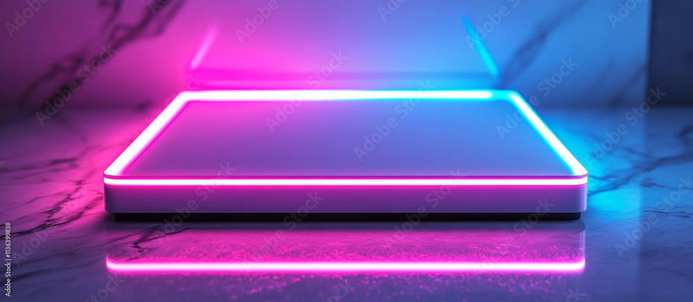 Sleek white surface illuminated with vibrant neon pink and blue lines Sleek white surface illuminated with vibrant neon pink and blue lines