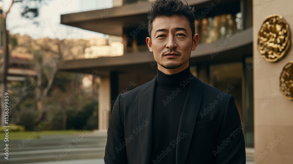 confident man in black suit stands outdoors, showcasing modern architecture in background. scene conveys sophistication and elegance confident man in black suit stands outdoors, showcasing modern architecture in background. scene conveys sophistication and elegance