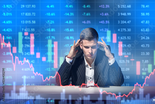 Man investor grabs head. Cr...