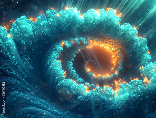 Smooth turquoise and coral swirl with glowing light beams, creating a vibrant, abstract design photo