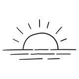 Hand drawn doodle sunset by the sea on white background.