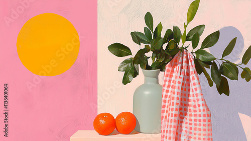 vibrant still life featuring vase with green leaves, oranges, and patterned cloth against colorful background. composition evokes cheerful atmosphere