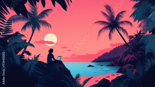 Woman works on laptop at sunset tropical beach.