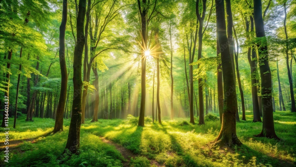 Fototapeta premium Sunbeams Illuminating a Lush Green Forest with a Path