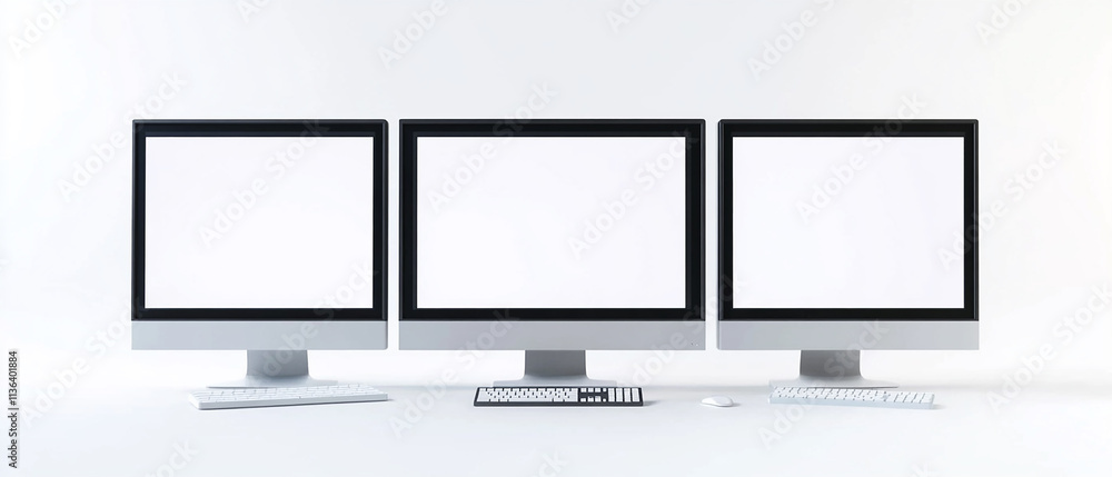 Three different computer monitors with blank white screens, front view, isolated on a white background Three different computer monitors with blank white screens, front view, isolated on a white background