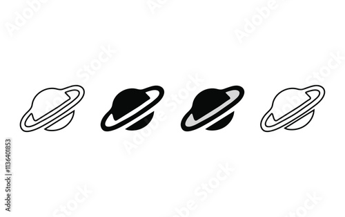 Planet Saturn with planetary ring system flat vector, silhouette vector icon isolated on white background. icon for astronomy apps and websites
