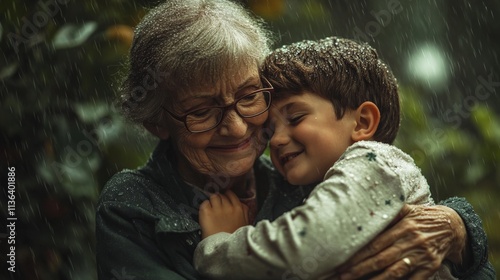 Elderly caucasian female and hispanic child embracing in rainy garden