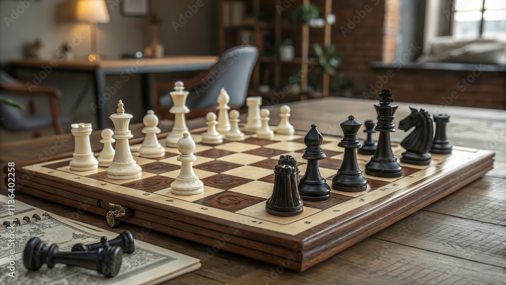 Mid Game Chess Arrangement on a Wooden Chessboard in a Cozy Indoor Setting With Low Resolution Details. Generative AI Mid Game Chess Arrangement on a Wooden Chessboard in a Cozy Indoor Setting With Low Resolution Details. Generative AI